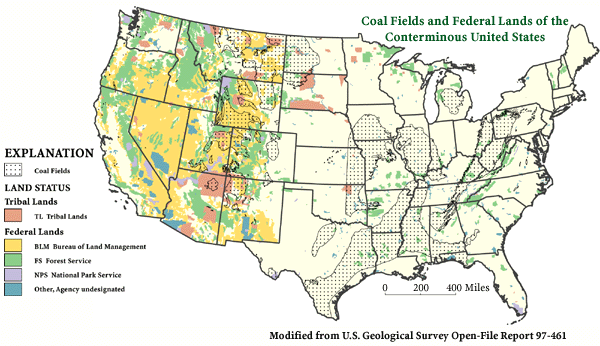Bản đồ phân bố than đá tại Mỹ. Vùng chấm chấm là ký hiệu vùng có than.